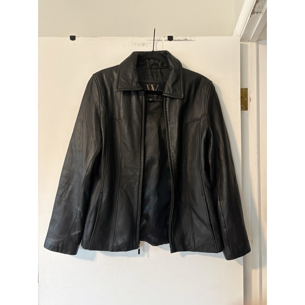 W New York Black Leather Jacket Womens Size 6 Collared Pockets Zipper Full Zip
